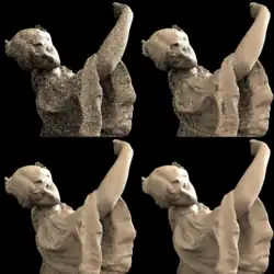 A 3D model (figurine of a dancer) rendered using simple Monte Carlo integration (all areas of the object are speckled with random pixels, referred to as "noise"), resampled importance sampling (RIS) (shadowed areas are still noisy, brighter areas less noisy), ReSTIR spatial reuse (similar to RIS, but shadows are less noisy), and denoised ReSTIR (noise has been smoothed away).