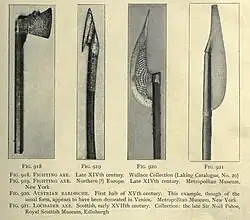 Several medieval battle axes including a 15th-century Austrian bardiche