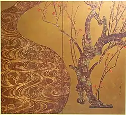 Painting of tree with red blossoms, against a yellow background