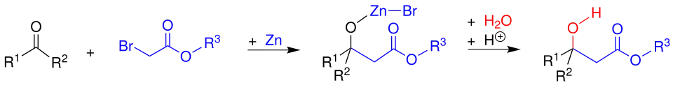 Substrates are a ketone (with undefined substituents R1 and R2) and an alpha bromo ester (with undefined substituent R3). Reagent is Zinc. Resulting structure is a beta-hydroxy ester with oxygen coordinating to zinc bromide. Acidic aqueous workup yields protonated beta-hydroxy ester.