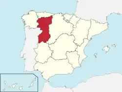 Map showing León in red on the regional map of Spain made by Javier de Burgos in 1833.