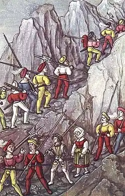 fol. 327v; Swiss mercenaries crossing the Alps