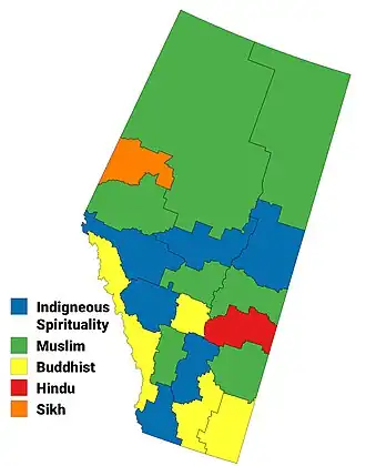 Largest non-Christian religion in Alberta by census division, 1991 census