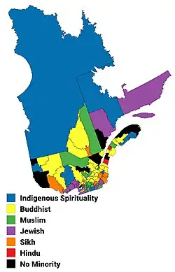 Largest non-Christian religion in Quebec by census division, 1991 census
