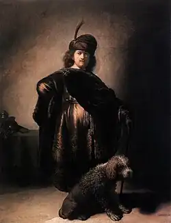 Self-Portrait in Oriental Costume with Poodle, 1631-1633. Last self-portrait produced in his hometown and only full-length self-portrait. Exotic dress and spacious setting indicate a Portrait historié. Musée des Beaux-Arts de la ville de Paris, Petit Palais, Paris.