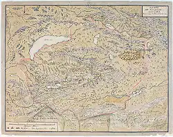 A map of the Dzungar Khanate, by a Swedish officer in captivity there in 1716–33, which includes the region known today as Zhetysu