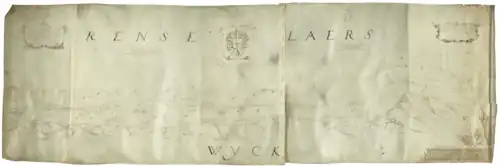 A short, wide parchment map shows the "Noord Rivier" (North River) traveling from right to left along the center of the parchment, in addition to the proposed locations of small settlements. Another river is also shown, at the very right, traveling from the top of the parchment to its connection at the Noord. The map is entitled "RENSELAERSWYCK" [sic] in large letters and the contains two shields and two scrolls containing Dutch text.