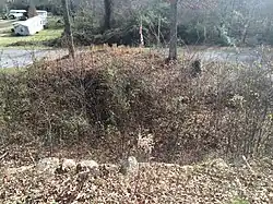 The reservoir (formerly filled with water) at Janney Furnace Park. The water in this reservoir powered a steam engine which ran the billows for the furnace. The reservoir was dug by hand.