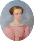 Sepia photograph showing the head and shoulders of a middle-aged woman wearing a dark dress with thin white collar