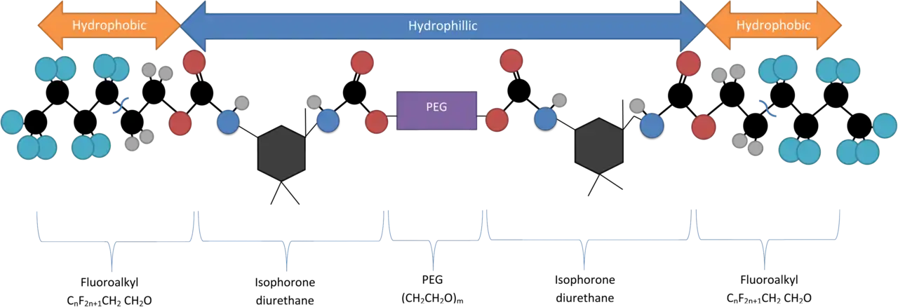 Structure of Rf-Polymer used in hydrogel encapsulation of quantum dots. The figure indicates the hydrophobic and hydrophilic regions of the polymer.