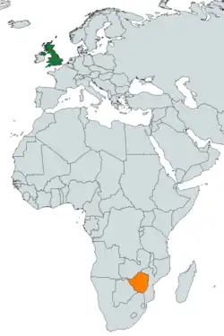Map indicating locations of UK and Rhodesia