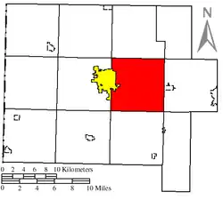 Location of Ridge Township (red) in Van Wert County, next to the city of Van Wert (yellow)