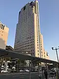 View of a tall, slender, gray structure