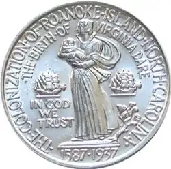 Reverse of a commemorative 1937 US half-dollar coin, depicting Eleanor and Virginia Dare