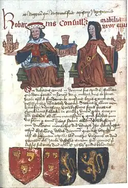Arms of Robert, 1st Earl of Gloucester (1090–1147) in the Tewkesbury Abbey Founder's Book, with three clarions