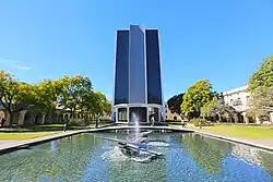 Millikan Library, the tallest building on campus.