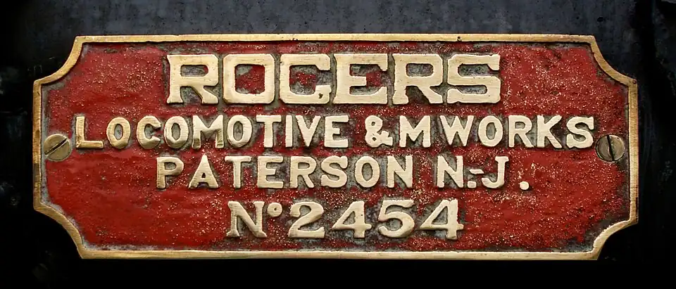Rogers Locomotive Works builder's plate on a New Zealand Railways K class