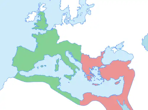 A map showing the Western and Eastern Roman empires c. 395, divided in the Balkans and North Africa