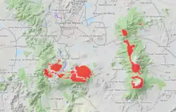 Relief map of an area near Mexico City with several areas near mountains highlighted