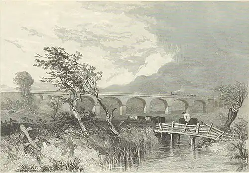 1830s drawing showing a newly built arch bridge standing in open countryside.