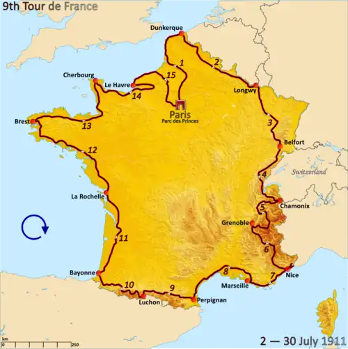 Map of France with the route of the 1911 Tour de France on it, showing that the race started in Paris, went clockwise through France and ended in Paris after fifteen stages.