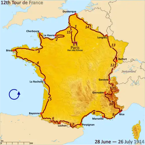 Map of France with the route of the 1914 Tour de France on it, showing that the race started in Paris, went clockwise through France and ended in Paris after fifteen stages.