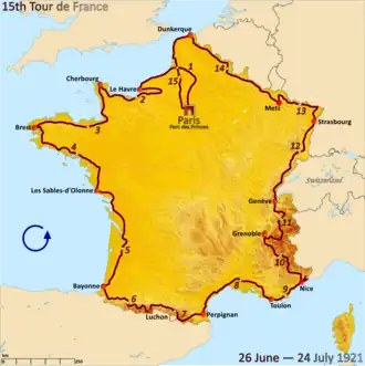 Map of France with 15 cities marked with black dots, connected by red lines.
