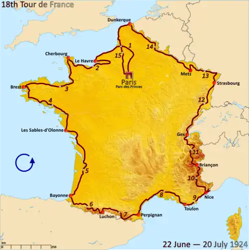 Route of the 1924 Tour de France followed counterclockwise, starting in Paris