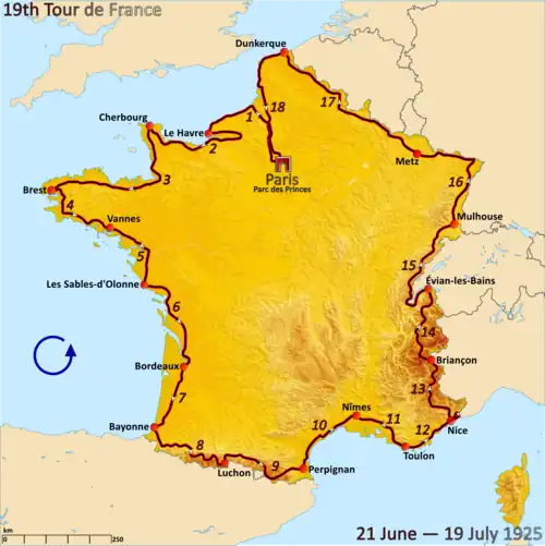 Route of the 1925 Tour de France followed counterclockwise, starting in Paris