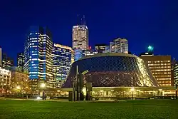 A photo of Roy Thomson Hall in Toronto at night.