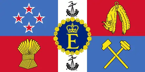 A flag featuring the shield design of the New Zealand coat of arms in the form of an oblong. Superimposed in the centre is a blue roundel bearing a letter 'E' surmounted by a crown within a garland of roses all in gold.