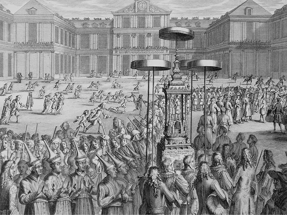 An engraving from the French Almanach pour 1687 (1687), by an unknown artist, showing the ceremonial transport of a royal letter from King Narai to King Louis XIV. The missive (engraved on gold leaf) is carried in a portable busabok throne. The Siamese embassy led by Kosa Pan reached Paris on 1 September 1686.