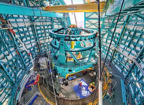 Telescope mount assembly, taken from the dome during bridge crane installation[162]