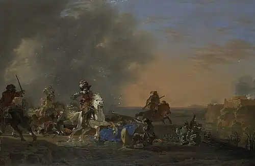 Cavalry charge at sunset. In the middle a kneeling musketman fires at an oncoming rider on a grey charger.