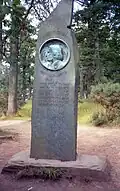 monument in the form of an irregular stone bearing a relief sculpture profile and a memorial text