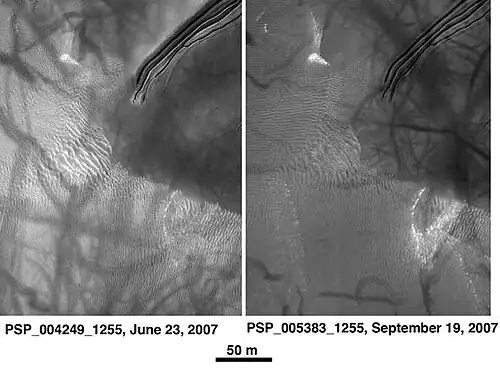 Russell Crater Dust Devil Changes in Noachis quadrangle, as seen by HiRISE. Click on image to see changes in dust devil tracks in just 3 months.