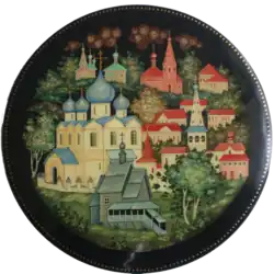 Lacquered box with a Kholuy miniature, depicting the town of Suzdal