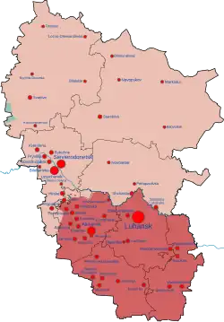Territory of Ukraine's Luhansk Oblast controlled by Russia as LPR shown in red and pink; territory claimed but not controlled shown in cyan[1]