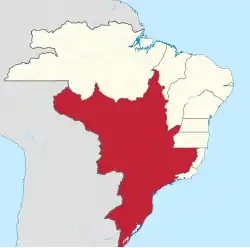 Approximate extent of the Captaincy of São Vicente in 1709, shortly before the creation of the Captaincy of São Paulo and Minas de Ouro