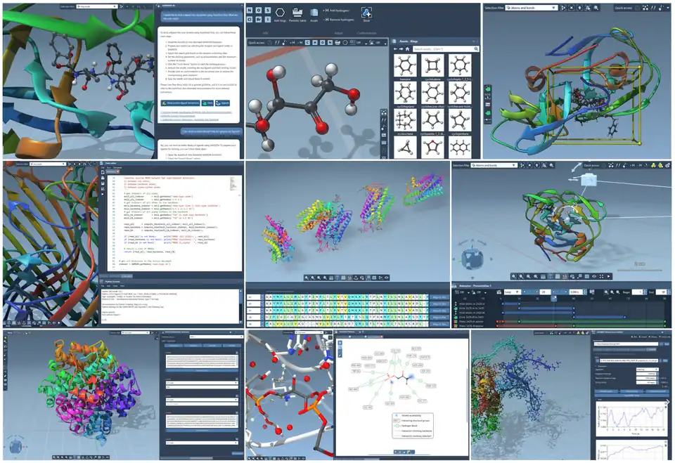Some tools available in SAMSON: the assistant, the builder, molecular docking, Python programming, sequence alignment, the animator, biomolecular structure prediction, interaction diagrams, GROMACS.