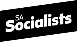 A quadrilateral shape in black, with the word "Socialists" in bold text on white in the middle. "SA" is written above the bold text, in a lighter weight of font.
