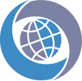 A stylized globe, colored in blue and grey, is wrapped by two large, interlocking crescent swooshes in the same colors.