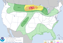 The National Weather Service Storm Prediction Center outlined a moderate risk (oval colored in red) area for severe weather over portions of North Dakota and Minnesota on this map.