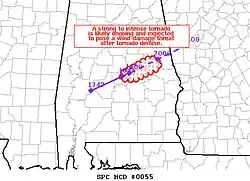 A mesoscale discussion issued by the SPC denotes an ongoing tornado in Autauga County, Alabama, and a risk of damaging winds after its dissipation.