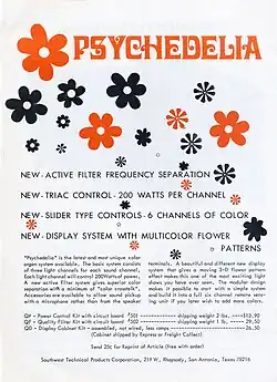 A vintage advertisement with psychedelic flower graphics promoting the "Psychedelia" color organ, featuring text about active filter frequency separation, 200 watts per channel, six color channels, and multicolor flower displays.