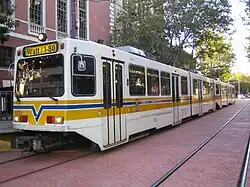A SacRT light rail train in Downtown Sacramento