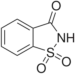 Saccharin, a cyclic sulfonamide that was one of the first artificial sweeteners discovered