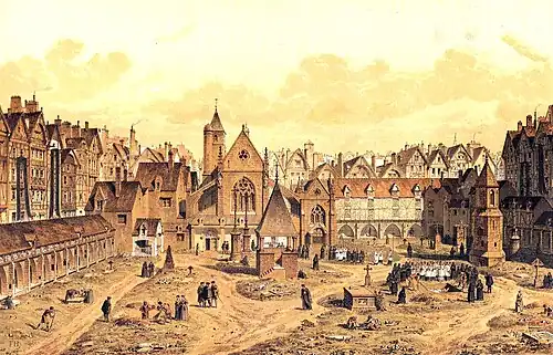 The Cemetery of the Saints-Innocents, the largest in the city, in 1550. (19th-century engraving by Hoffbauer)