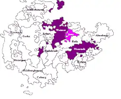 &nbsp;&nbsp;&nbsp;&nbsp;&nbsp;Saxe-Weimar, shown within the other Ernestine duchies and &nbsp;&nbsp;&nbsp;&nbsp;&nbsp;Saxe-Jena, joined to Saxe-Weimar in 1690