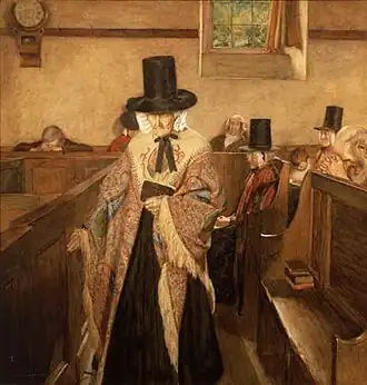 Sydney Curnow Vosper's 1908 watercolour Salem is one of the most iconic images of Wales. It depicts four women all wearing the same hat. In reality, the "Welsh hat" hadn't been worn for decades at this point, and the artist struggled to even find one for the models to wear.[6]